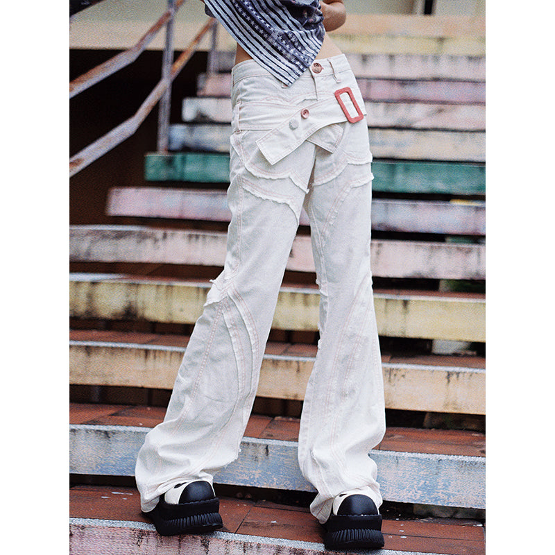 patchwork raw edge contrasting decorative jeans
