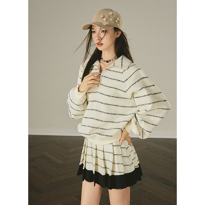 Stripe Polo Top & Pleated Skirt Set