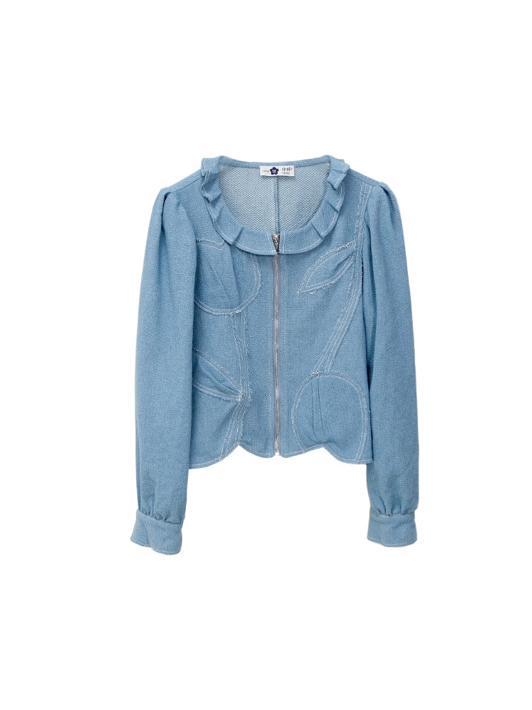 Original and niche design with ears, unique and romantic retro short style wooden ear edge bubble sleeve denim jacket for women