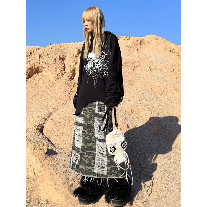 distressed camouflage long skirt