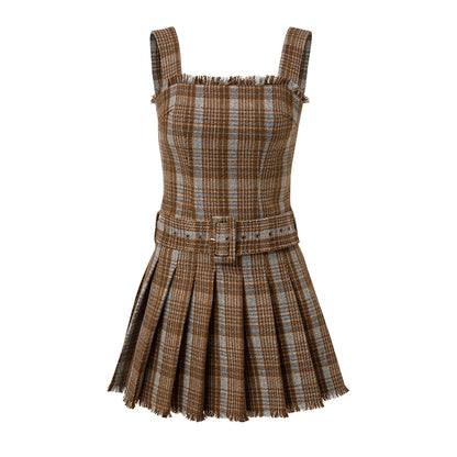 Tea Brown Plaid Strap Dress