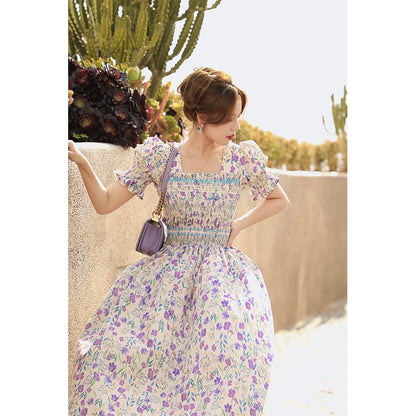 Flower and Leaf Tie Waist Cotton Dress