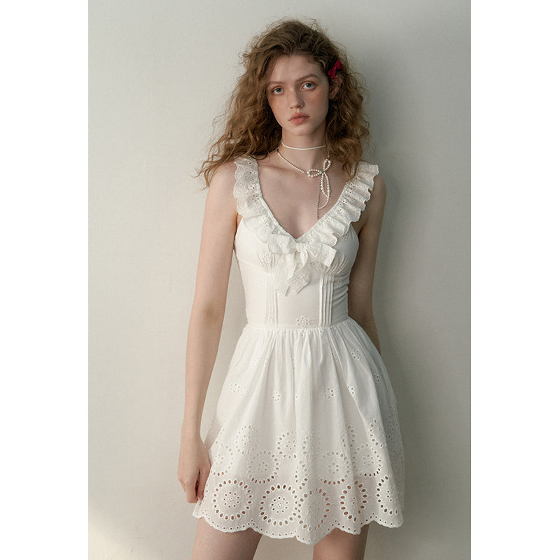 White V-Neck Bow Embroidered Dress