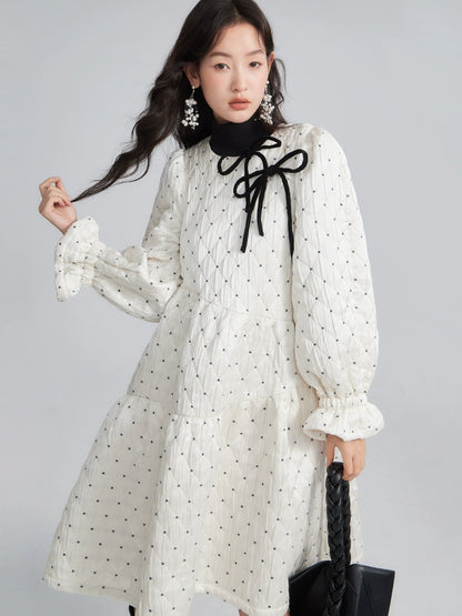 Original and niche design with ears, velvet bow, diamond pattern jacquard, thickened cotton jacket, puffy dress