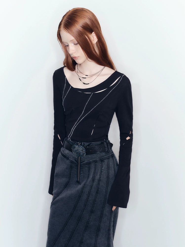 Contrast Hollow Elastic Knit Top