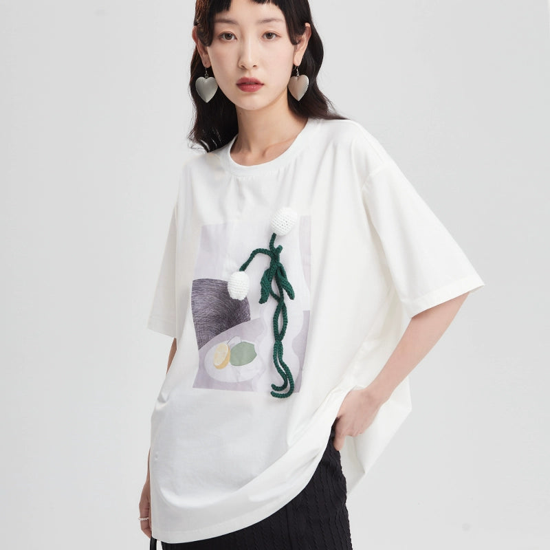 Original design of flower sketches in a vase with ears, still life printed round neck T-shirt