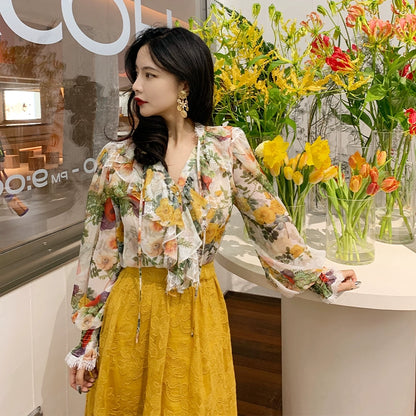 Drop Jun French Vintage Ruffle Edge Printed Top Fairy Spring/Summer Loose Sleeve Chiffon Shirt