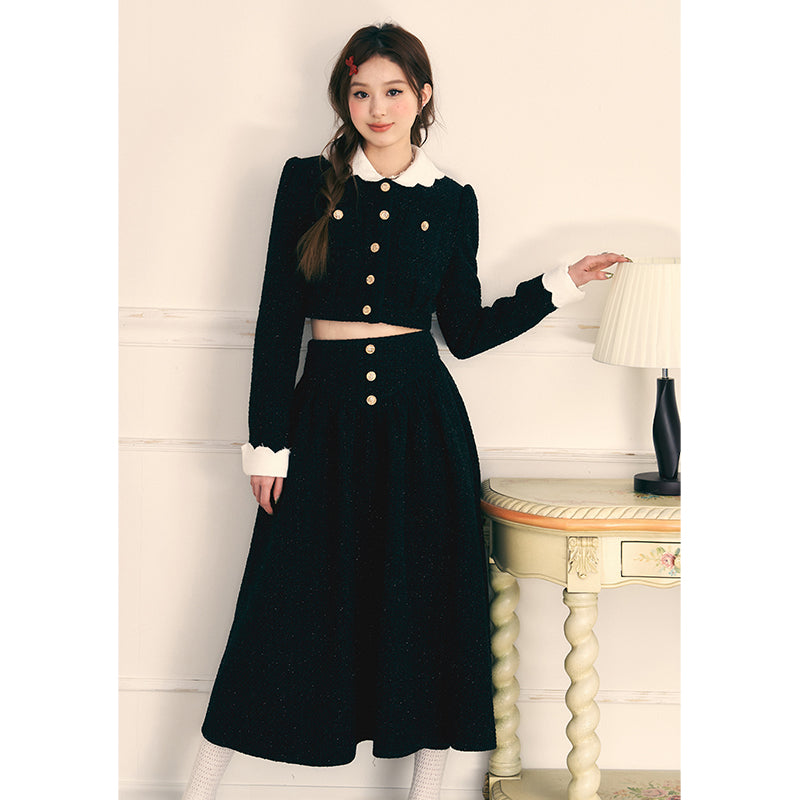 Gold Button Coat & Long Skirt Set