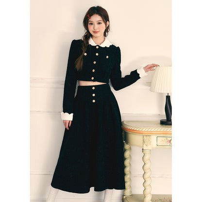 Gold Button Coat & Long Skirt Set