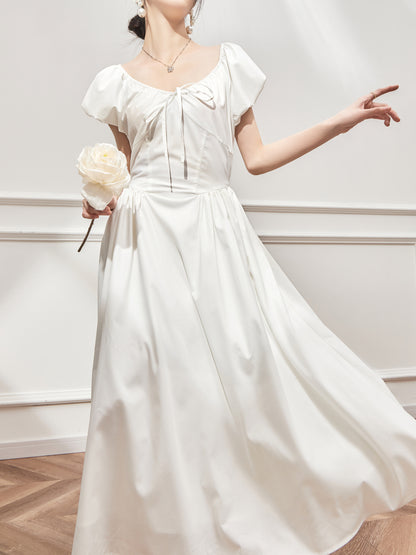 2023 French White Bubble Sleeve Dress