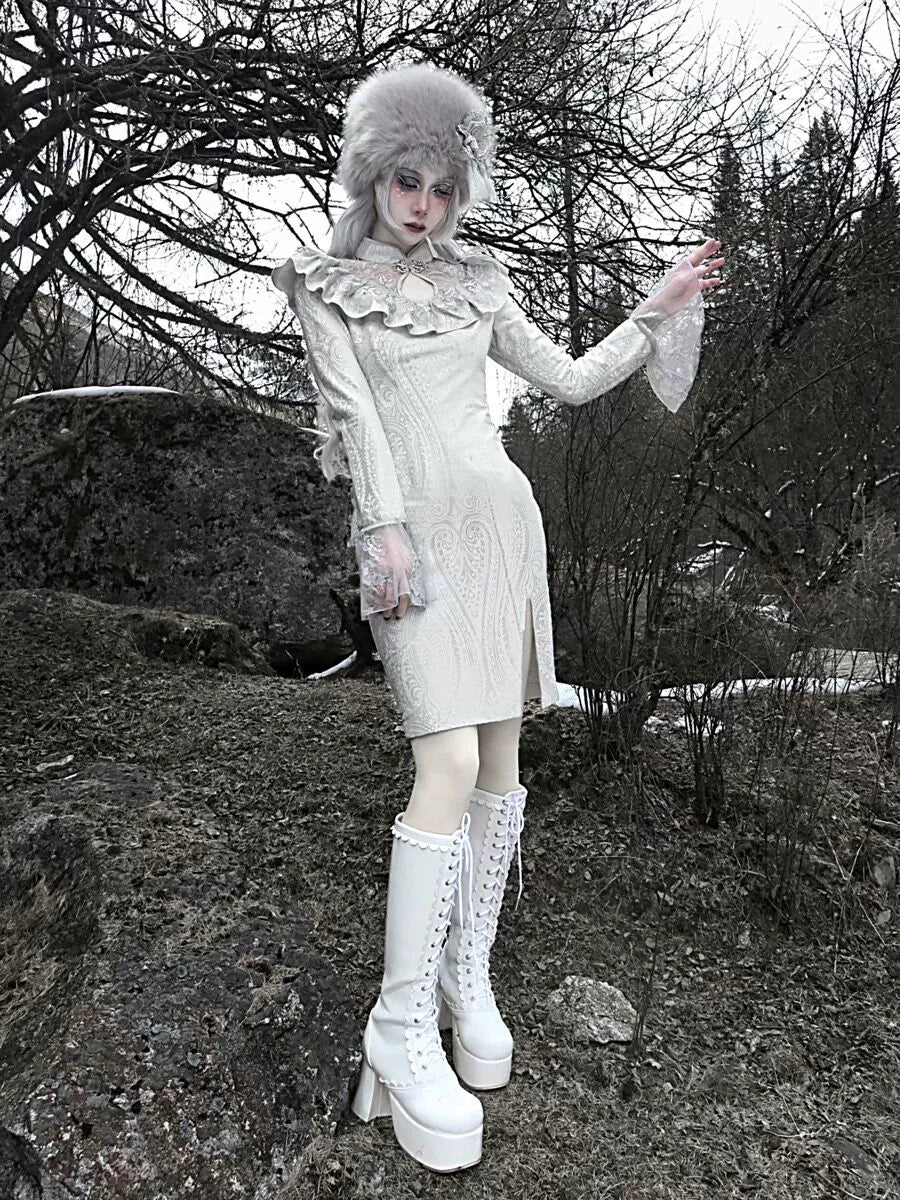 Gothic White Lace Velvet Split Dress