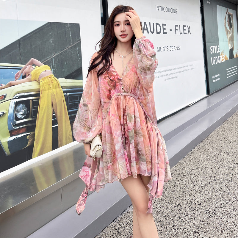 Pink V-Neck Lantern Sleeve Dress