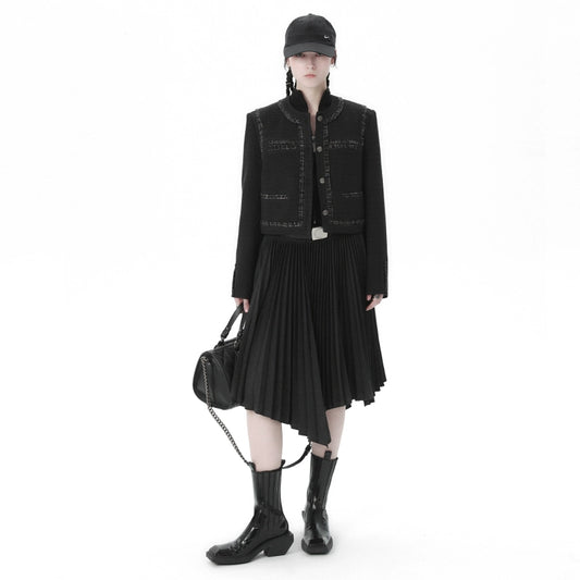 Black Irregular Pleated Midlength Dress