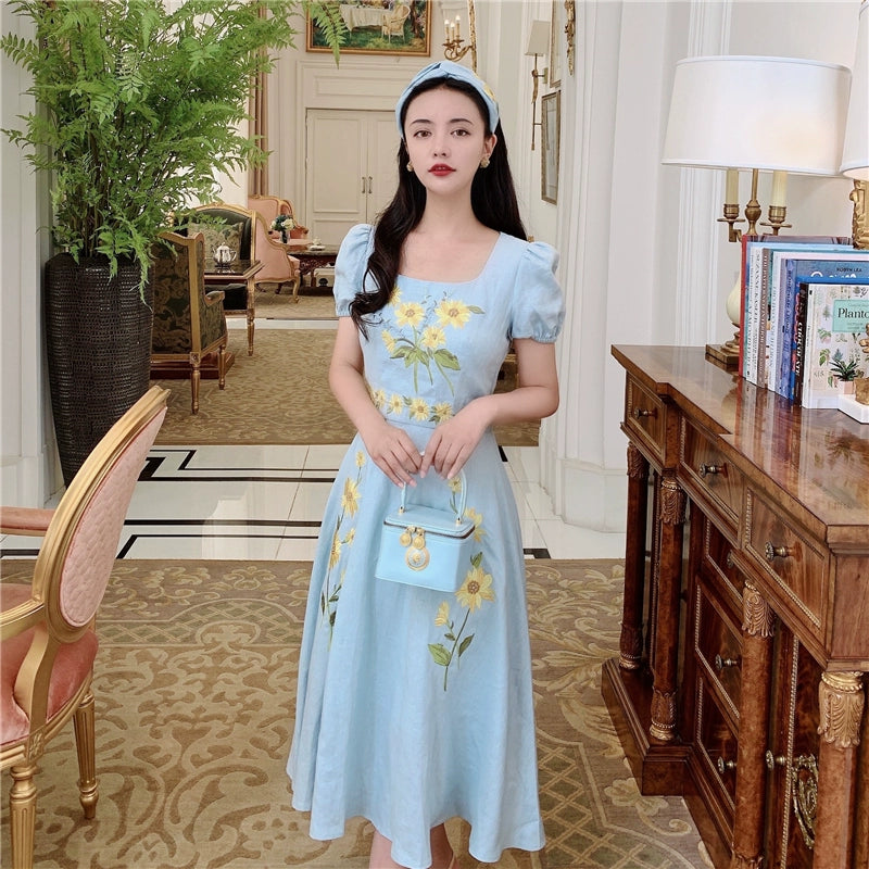 Sunflower Van GoGh Linen Embroidery Dress -One Piece Dress featuring  beautiful linen materials and sunflower embroidery – Serendute