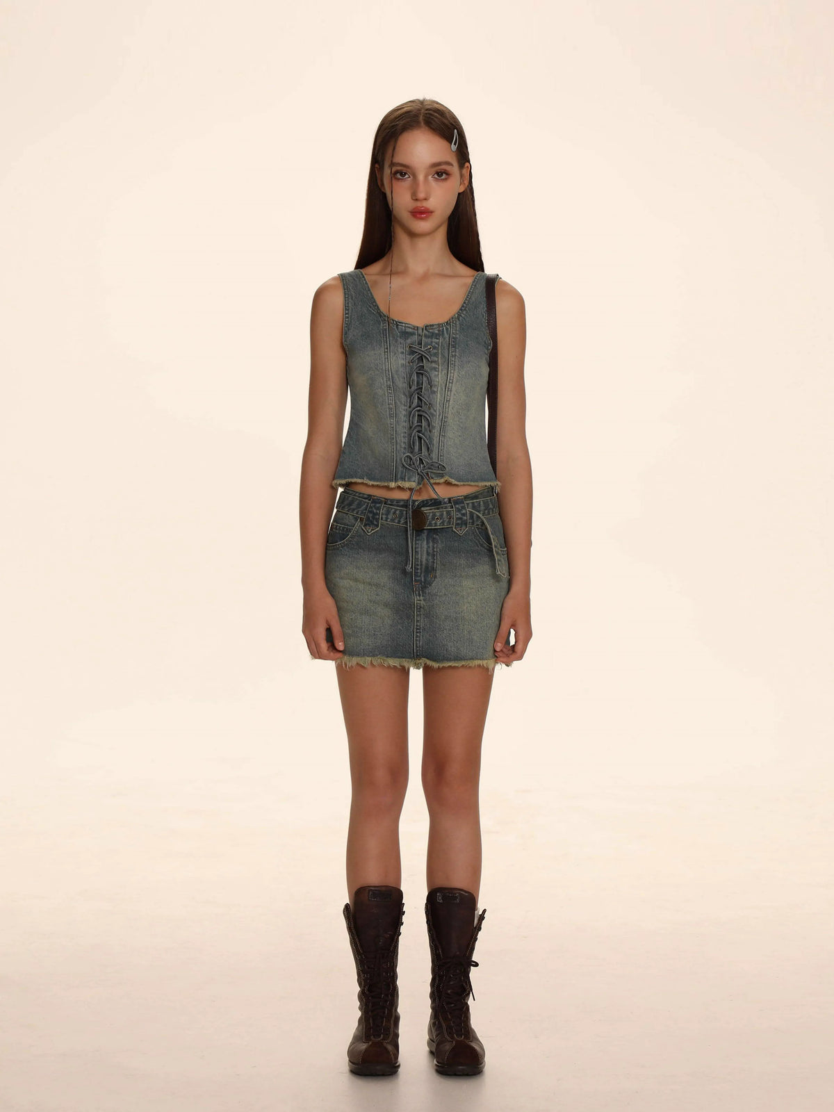 Spray Monkey Belt Denim Skirt