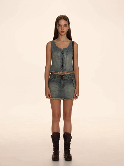 Spray Monkey Belt Denim Skirt