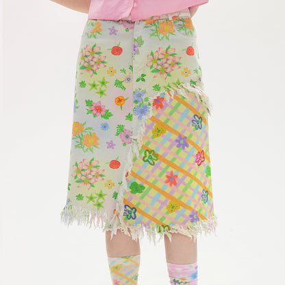 Floral Plaid Cotton Half Skirt