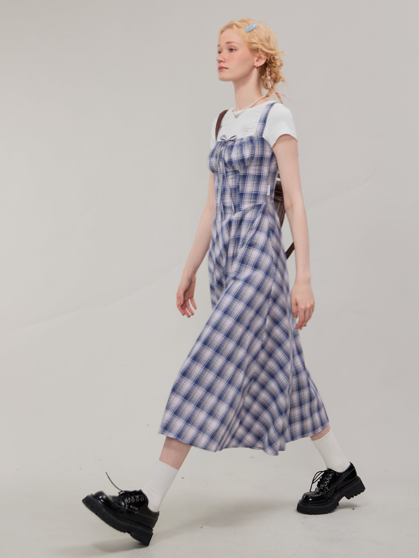 Square Neck Blue Plaid Split Dress - Retro Style