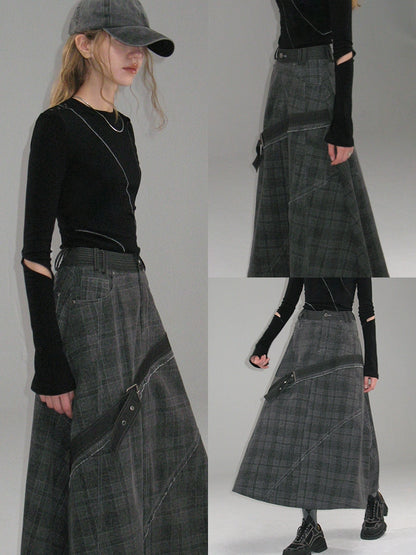 Split Plaid A-line Skirt