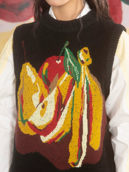 Fruit Jacquard Black Wool Vest Sweater