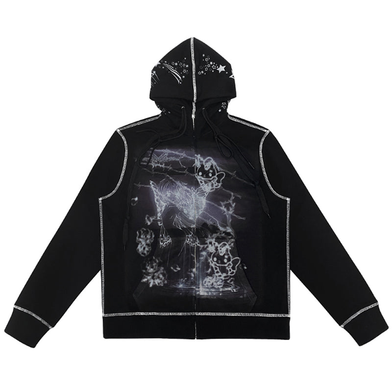 Butterfly Elf Handdrawn Print Hooded Zipper Sweater Coat