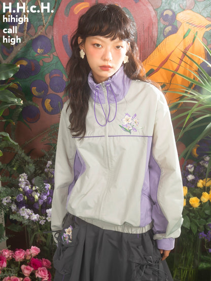 Sakura Embroidery Zipper Windbreaker Coat