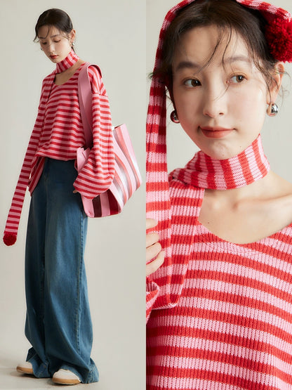 Contrast Stripe Scarf T-shirt Skirt Set