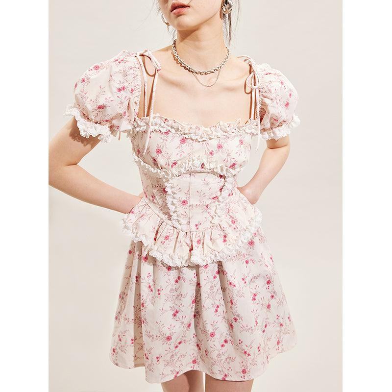 floral suspender princess sleeve dress