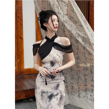 Split Print Hanging Neck Qipao Dress