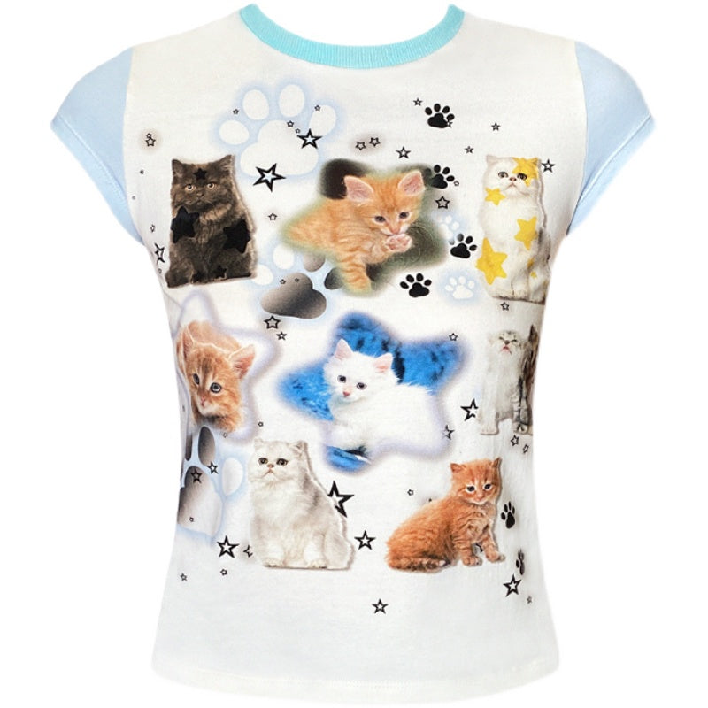 LOVE ME Cat Print Short Sleeve T-shirt