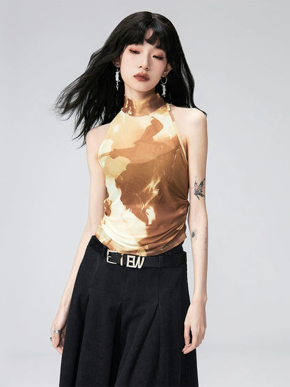 Sleeveless Printed Chinese Top