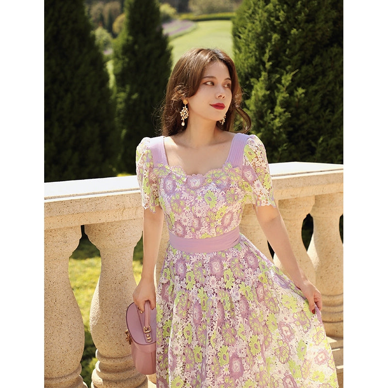 Lilac Flower Path Lace Slim Waist Dress