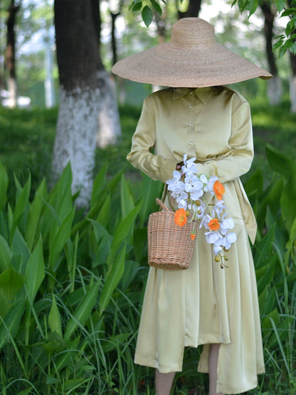 Lemon Yellow Satin Fashion Autumn Dress