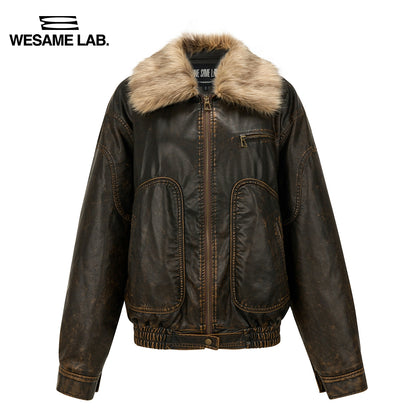 Detachable Fur Collar Brushed Leather Thickened Jacket