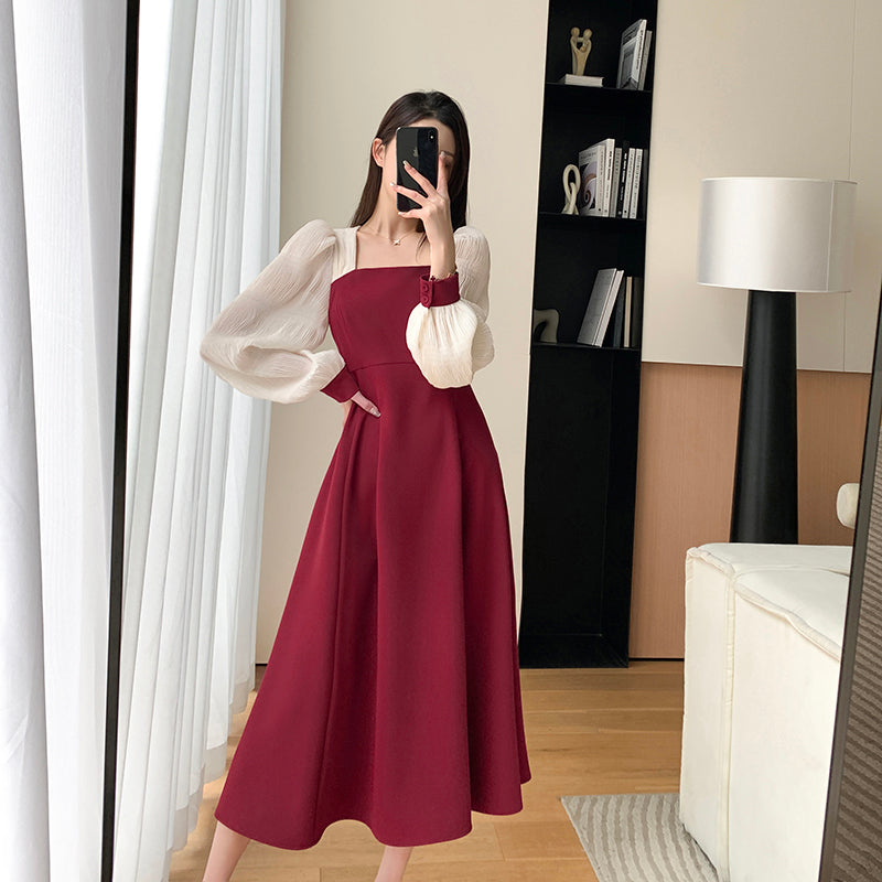 Red Retro Bubble Sleeve Dress