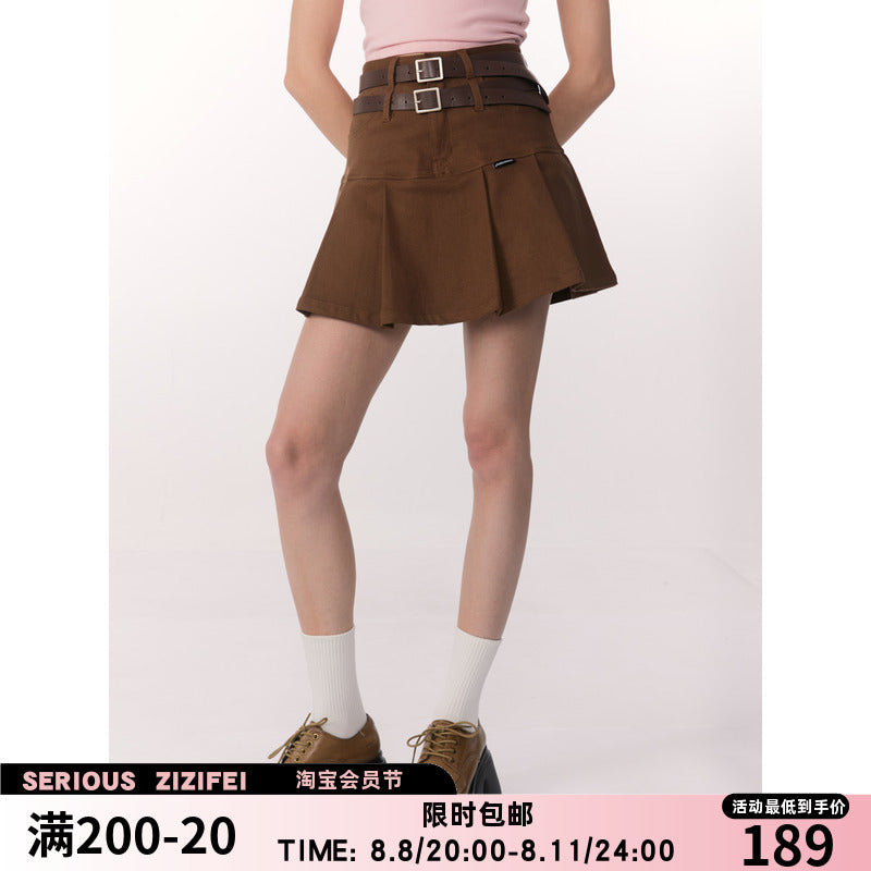 Spicy A-line Brown Pleated Skirt