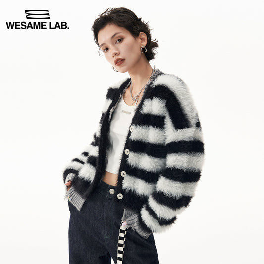 Mohair Contrast Stripes Imitation Mink Fleece V-Neck Cardigan