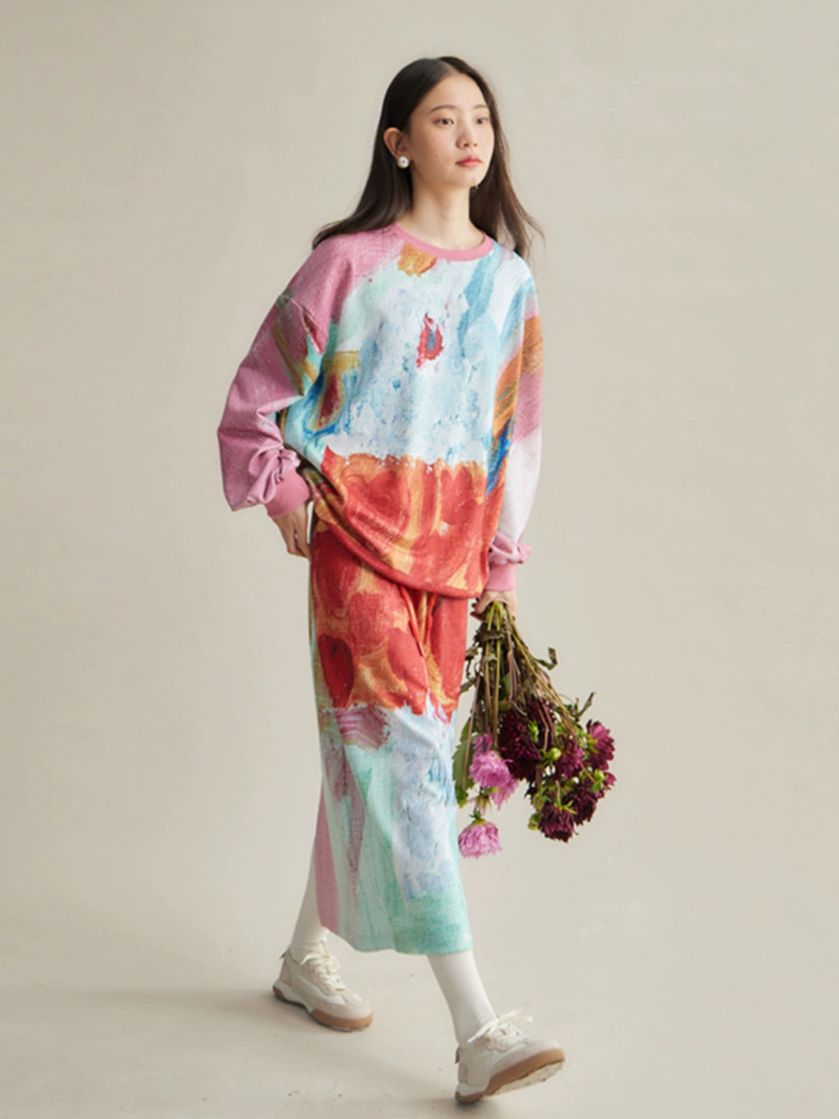 Original Design x Half Smile Fairy Guardian Oil Painting Print Sweater Half Skirt Two Piece Set