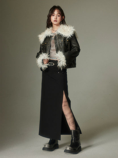 Sweet Cool Bow - Fleece Lapel Leather Coat