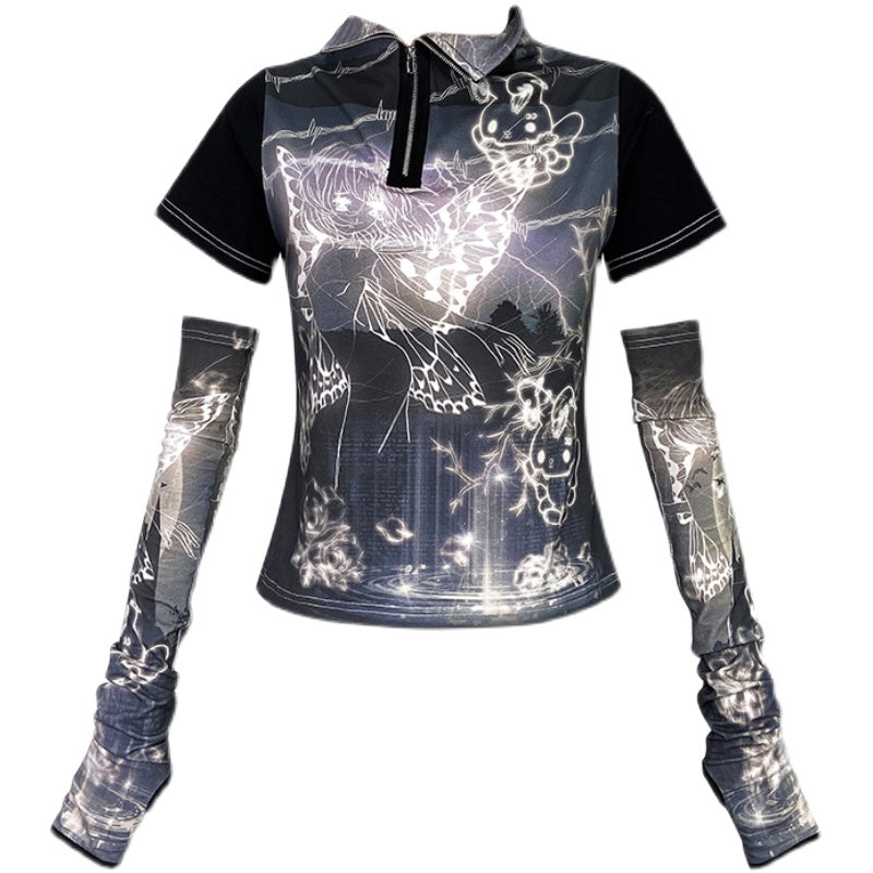 Butterfly Elf Hand Painted Print Spliced Short Sleeve T-shirt+Sleeves