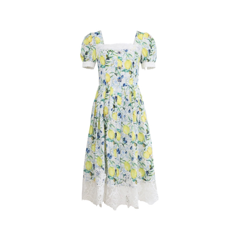 Green Grass and Yellow Lemon Cotton Wrap Dress