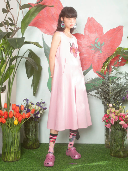 소녀 사쿠라 패턴 핑크 미드 길이 드레스