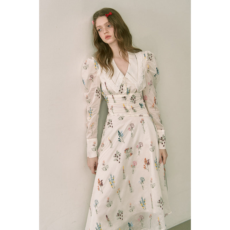 White Polo Collar Embroidered Long Dress