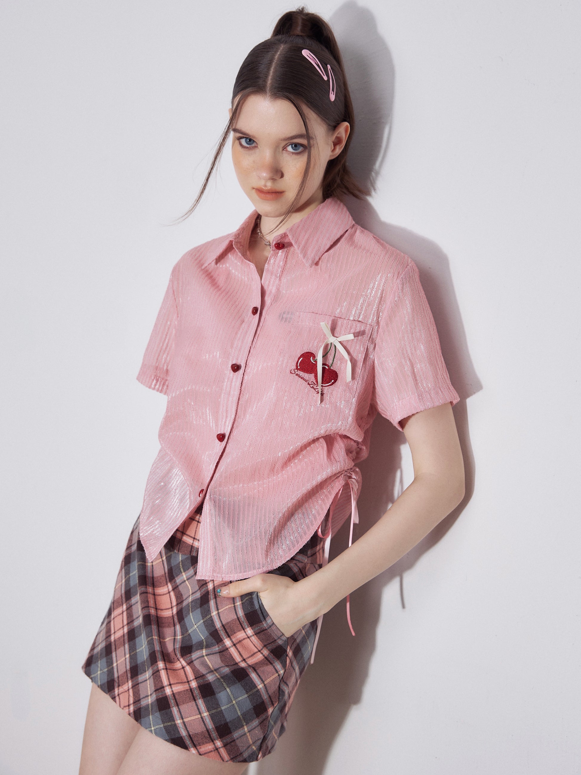 Cherry Embroidery Short Sleeve Shirt