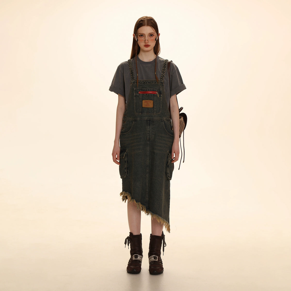 Fur Edge Denim Suspender Skirt