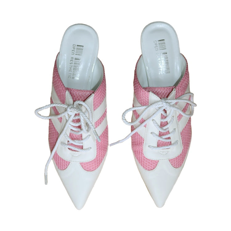 Sweet Sporty Pointed Mid Heel Slippers - Contrast Color Splice