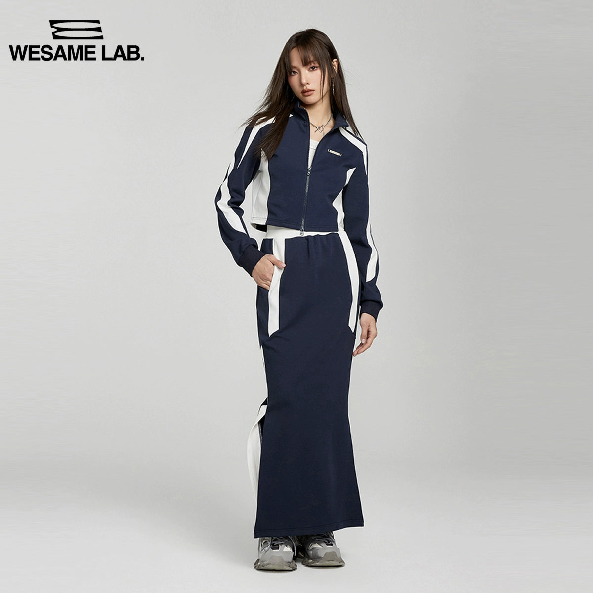 Slim Fit Short Style - Blue and White Contrast Panel Coat