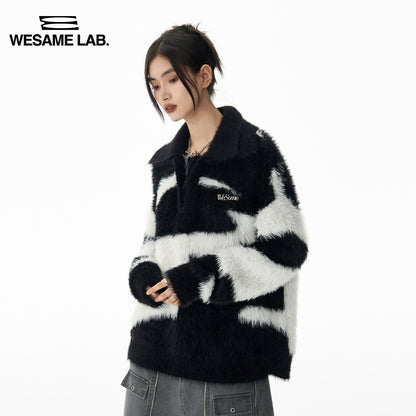 Polo Collar Black and White Mohair Lazy Knit Pullover