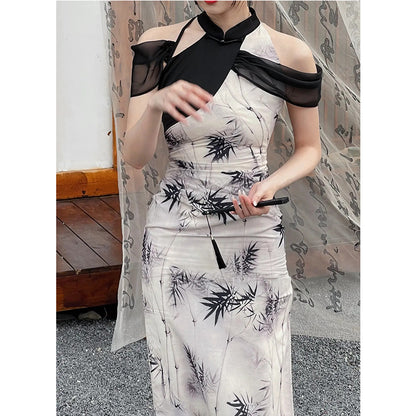 Split Print Hanging Neck Qipao Dress