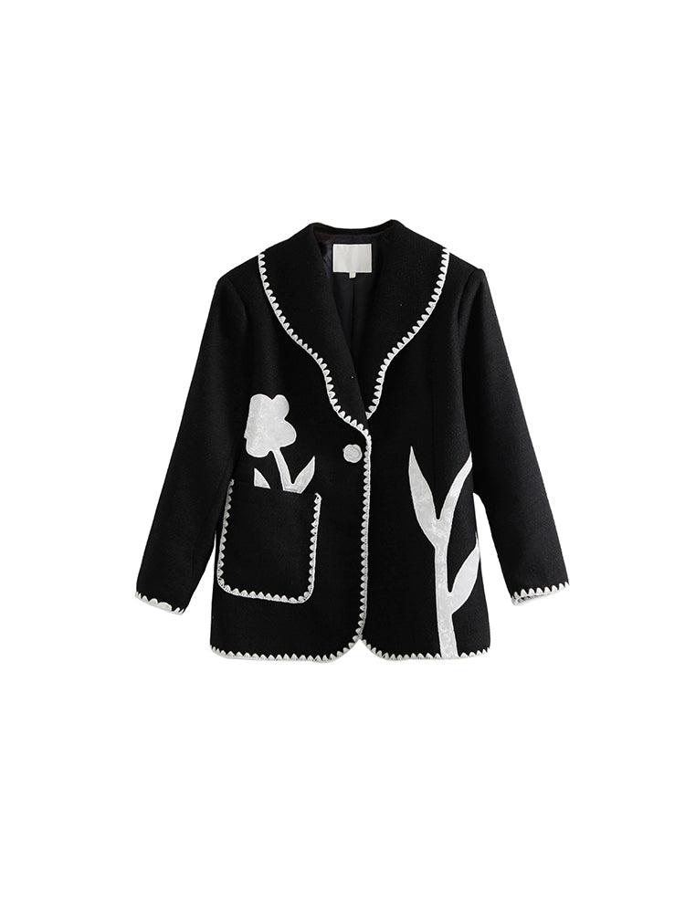 Original Design Flower Moonlight Night Crowd Black and White Contrast Velvet Flower Fragrant Wind Early Autumn Suit Coat